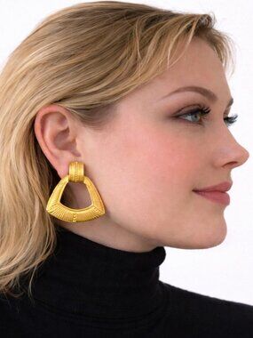 Vintage Givenchy Gold Statement Clip Earrings Ribbed Geometric
